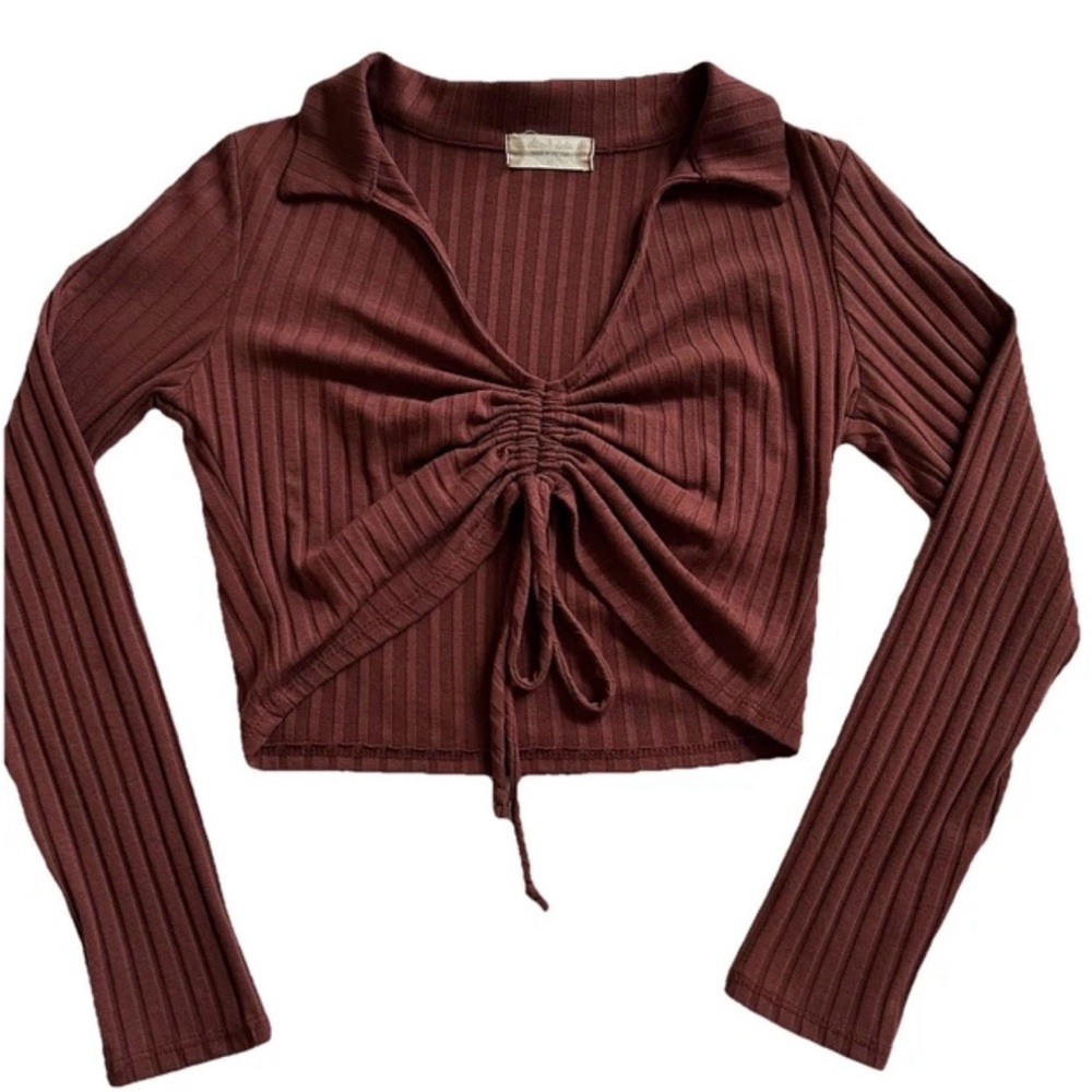 Altar’d State Burgundy Brown Ribbed Long Sleeve Cinch Front Crop Top-M-Festival